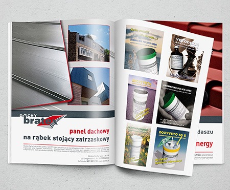 Otwarty magazyn reklamowy prezentujący panele dachowe firmy Bratex na jednej stronie oraz reklamy produktów weterynaryjnych na drugiej, z wyraźnym logo firmy Bratex.