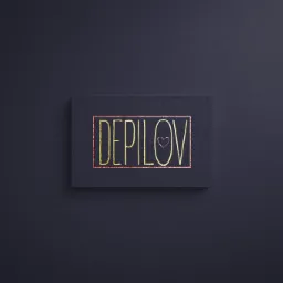 Czarna wizytówka z błyszczącym, złotym napisem 'DEPILOV' w ozdobnej ramce z sercem zamiast litery 'O', leżąca na ciemnym, matowym tle.