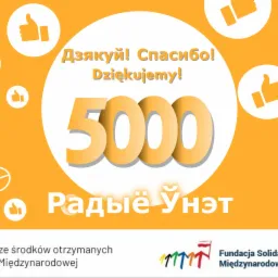 Grafika na pomarańczowym tle z białymi ikonami polubień i zarysem liścia, napisy w językach białoruskim, rosyjskim i polskim dziękujące za wsparcie, informacja o finansowaniu projektu przez...