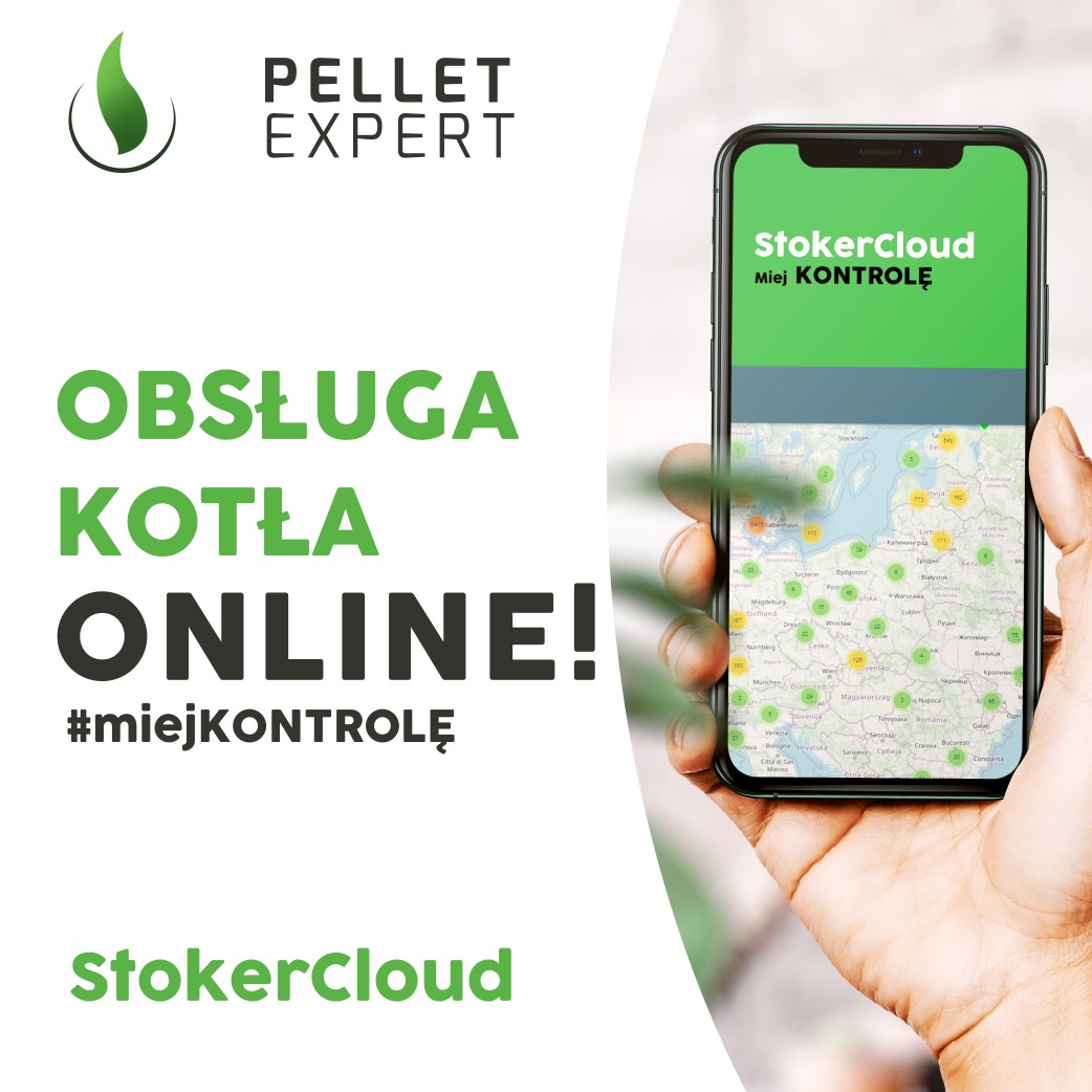 Smartfon z aplikacją StokerCloud do zdalnej obsługi kotła, wyświetlający mapę z zaznaczonymi lokalizacjami, hasło reklamowe 'Obsługa kotła online! #miejKONTROLĘ' i logo firmy Pellet Expert.