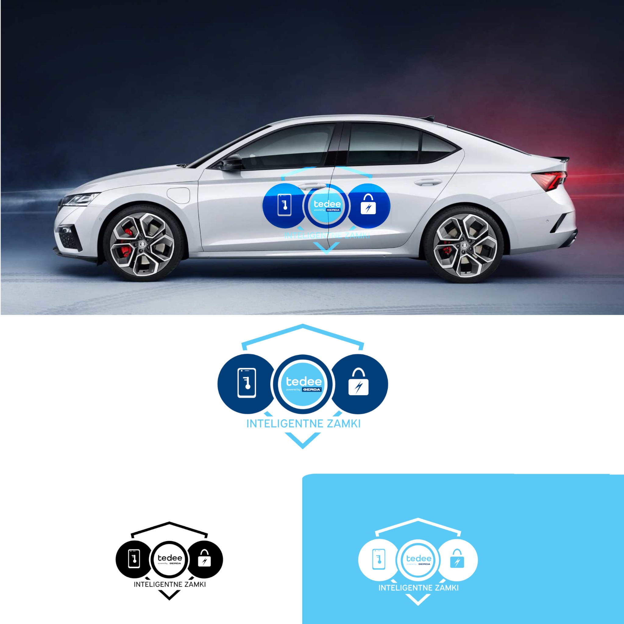 Biały samochód osobowy z naklejkami reklamowymi 'tedee' na drzwiach, prezentujący inteligentne zamki, na tle gradientu kolorów.