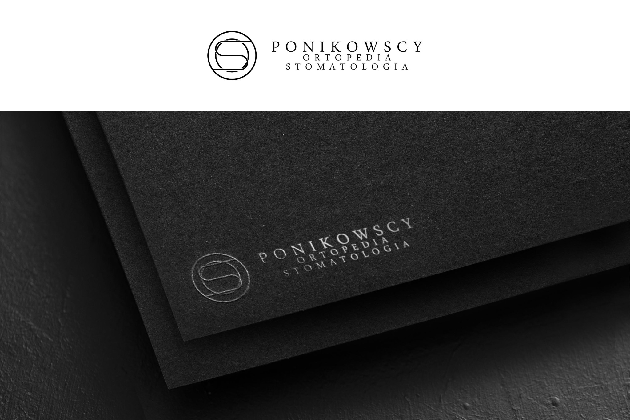 Eleganckie, tłoczone logo firmy Ponikowscy Ortopedia Stomatologia na czarnym papierze wizytówkowym, minimalistyczny design.