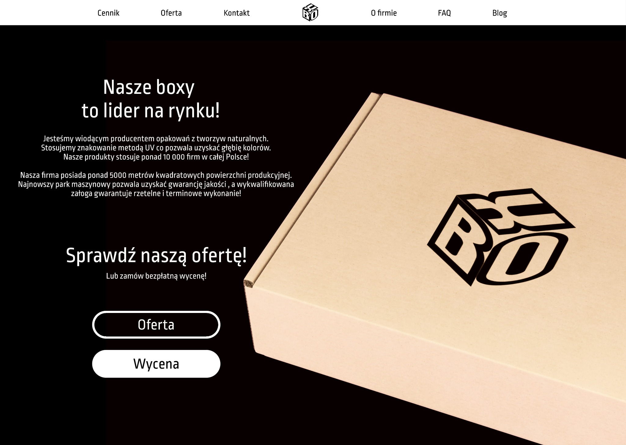 Zdjęcie pudełka z tektury z logo firmy BO, prezentowane na stronie internetowej producenta opakowań.