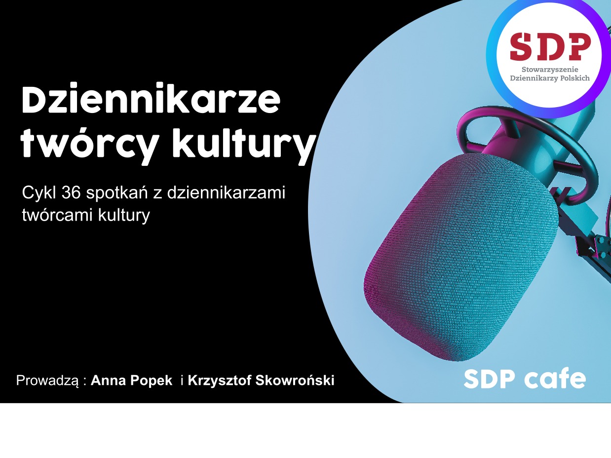 Grafika promująca cykl spotkań z dziennikarzami i twórcami kultury, z mikrofonem studyjnym w tle i logo Stowarzyszenia Dziennikarzy Polskich.