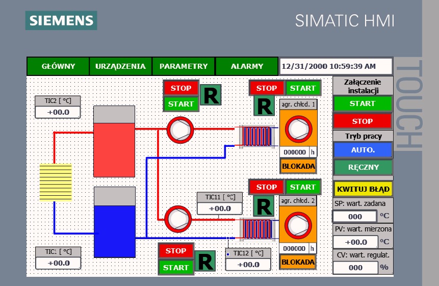 Ekran interfejsu HMI Siemens Simatic przedstawiający schemat technologiczny z elementami sterowania, wskaźnikami temperatury, stanami Start/Stop i alarmami, z datą 31.12.2000 i godziną 10:59:39.
