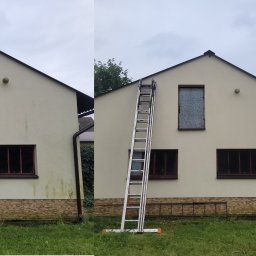PSI - SYSTEM Bartłomiej Dziurdź - Dom przed i po czyszczeniu elewacji. Po prawej stronie domu stoi drabina. Widoczne różnice w czystości ściany.