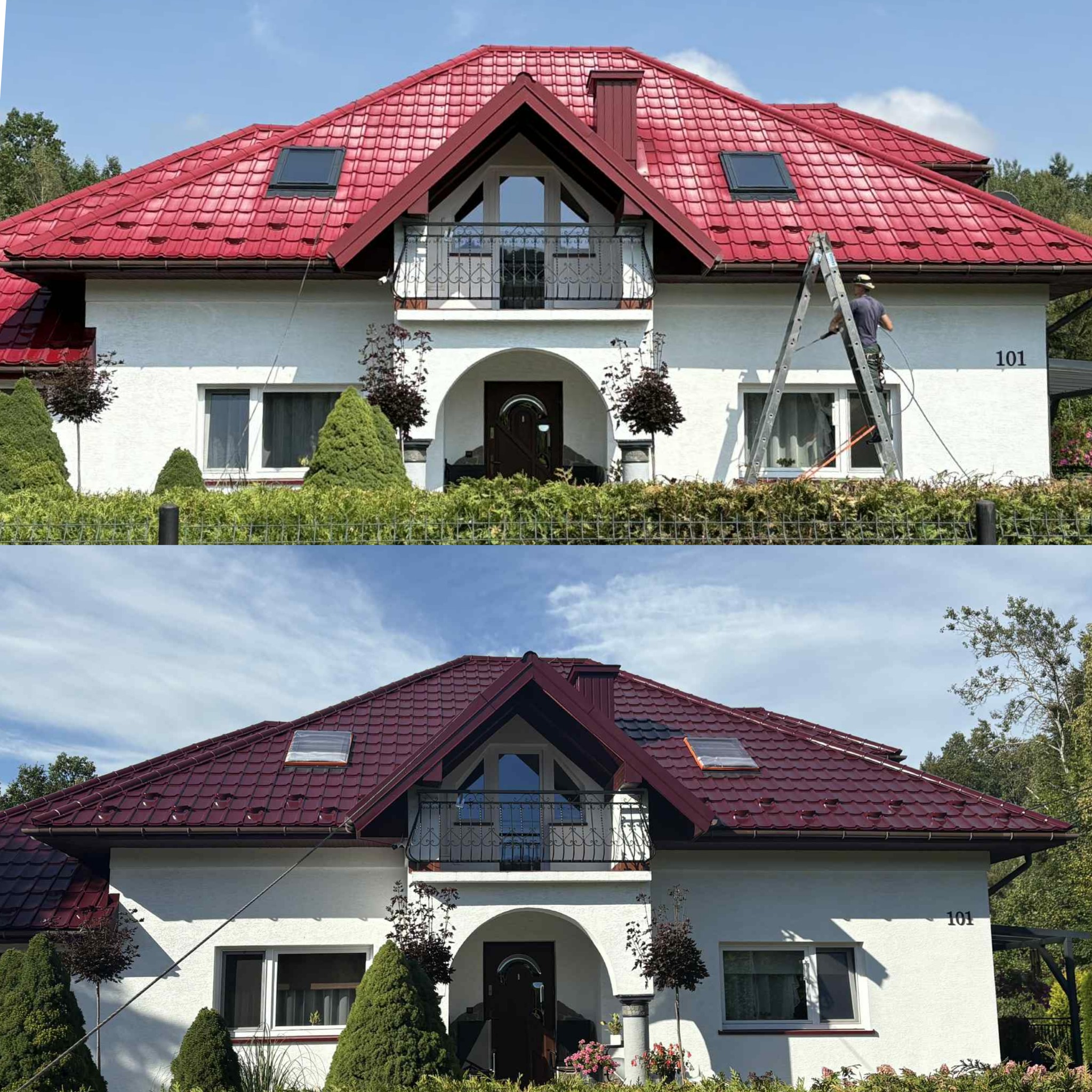 Zdjęcie 'przed i po' prezentujące dom z czerwonym dachem: górny kadr ukazuje dach przed malowaniem, dolny - po renowacji, z nowym, ciemniejszym odcieniem czerwieni.