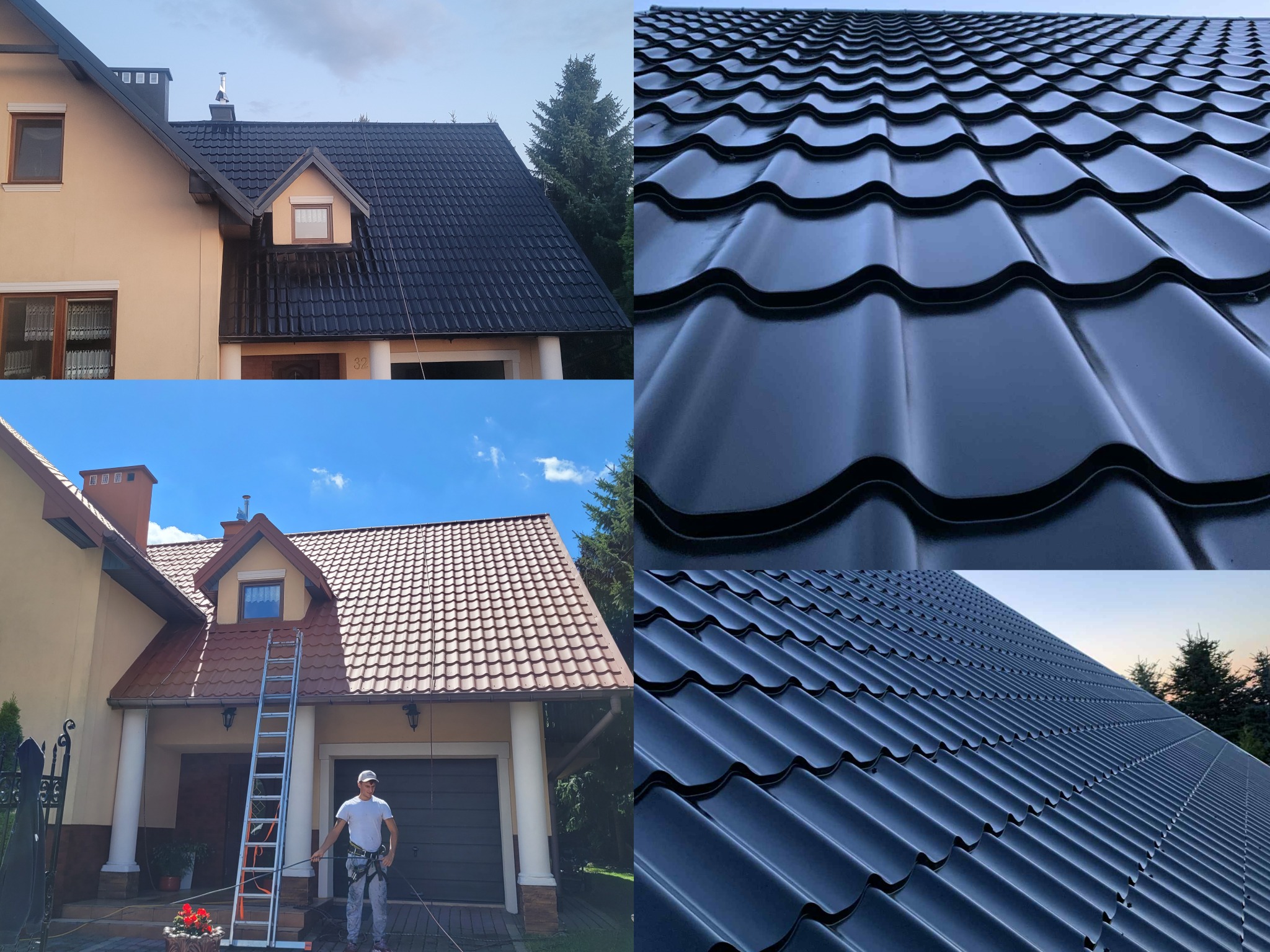 Porównanie dachu przed i po malowaniu: dach z czerwoną dachówką i dach pomalowany na czarno. Na dole pracownik z drabiną i sprzętem do malowania.