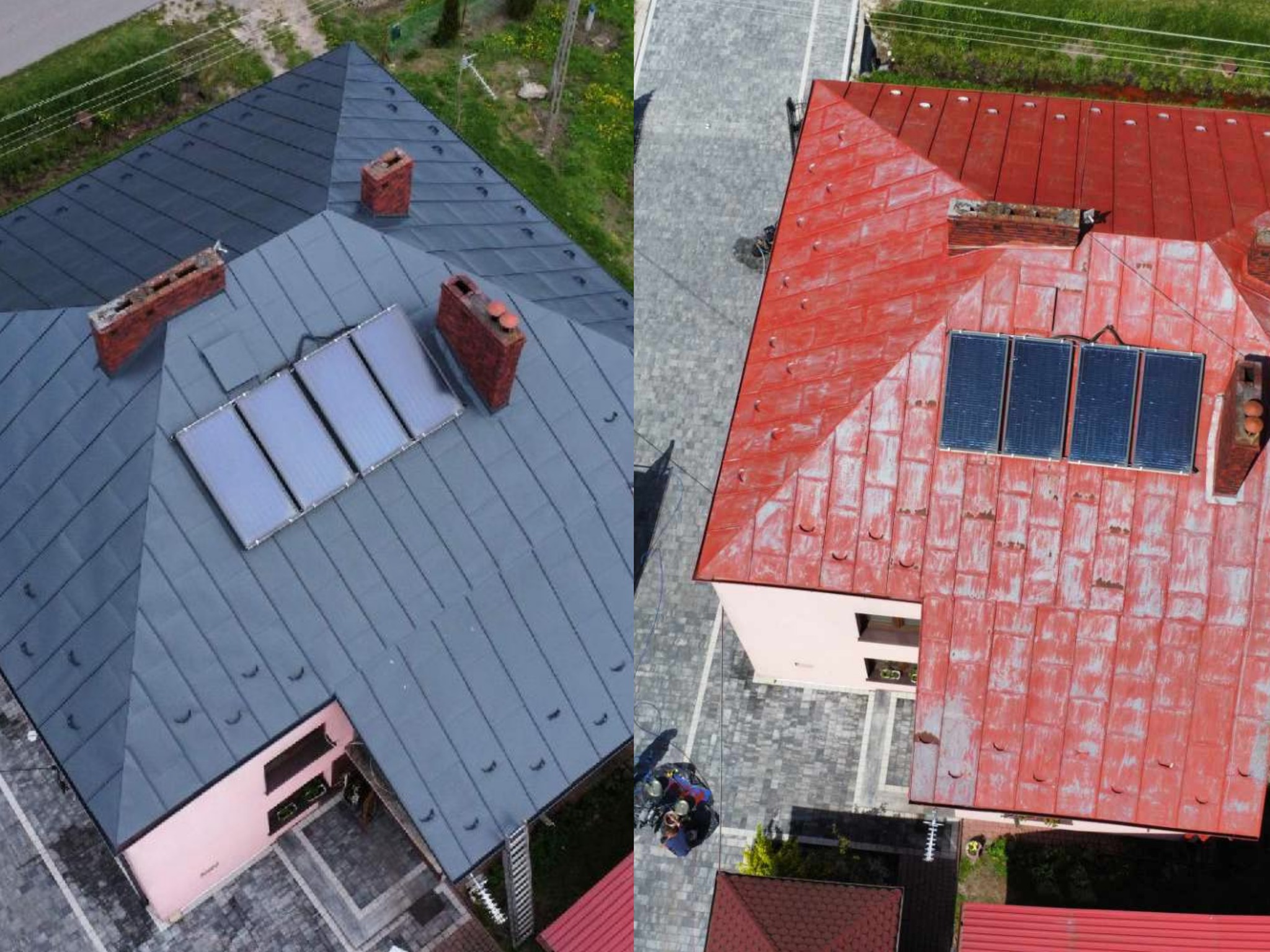 Porównanie dachów przed i po malowaniu: szary dach z panelami solarnymi po lewej, czerwony dach z panelami po prawej, widok z góry, kostka brukowa.