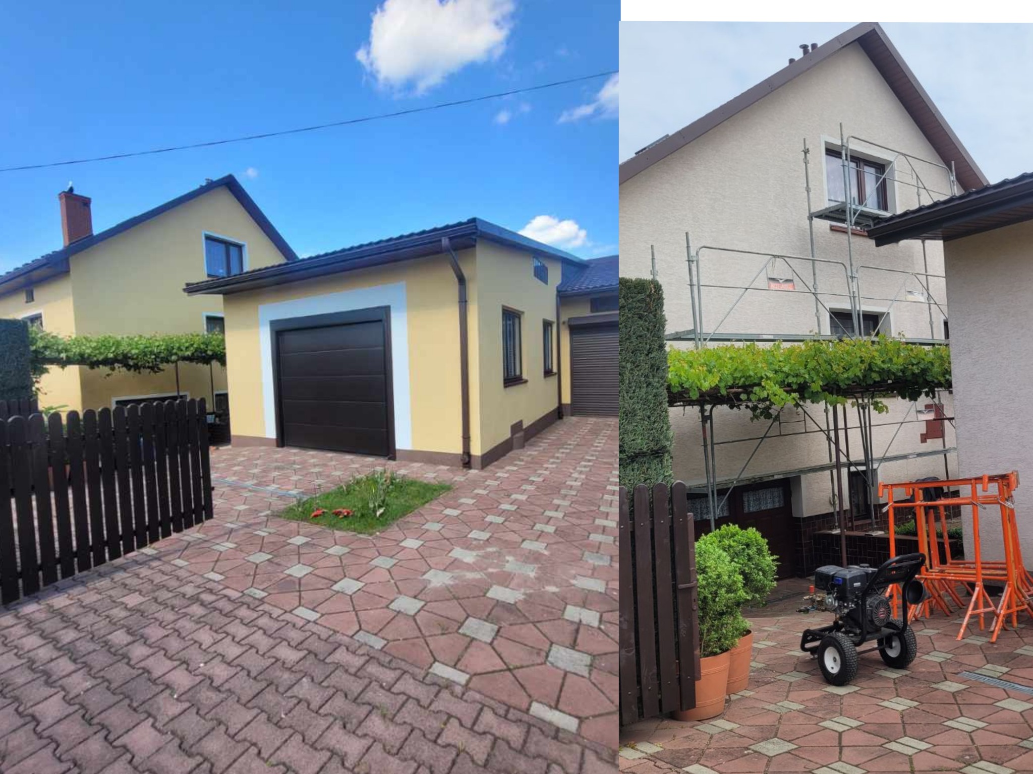 Dom w Jeżowem przed i w trakcie malowania elewacji. Po lewej budynek pomalowany na żółto, po prawej rusztowanie i sprzęt do mycia ciśnieniowego.