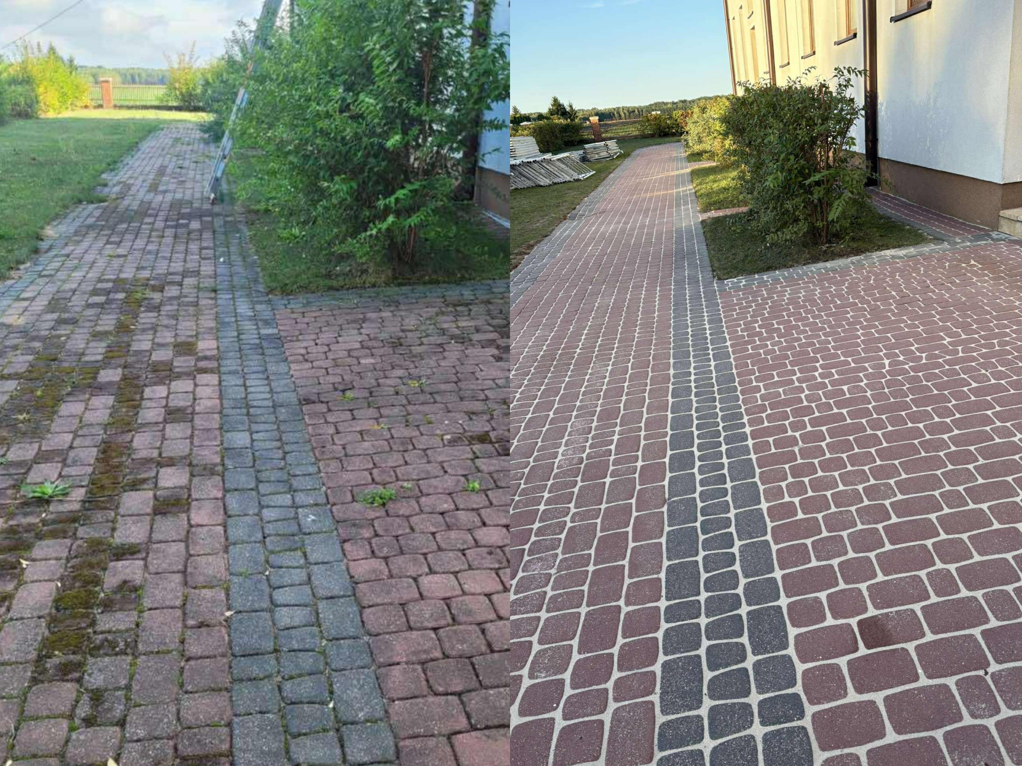 Kostka brukowa przed i po czyszczeniu: po lewej zaniedbana, z mchem, po prawej odnowiona, czysta, z widocznym wzorem. Efekt hydrofobizacji.