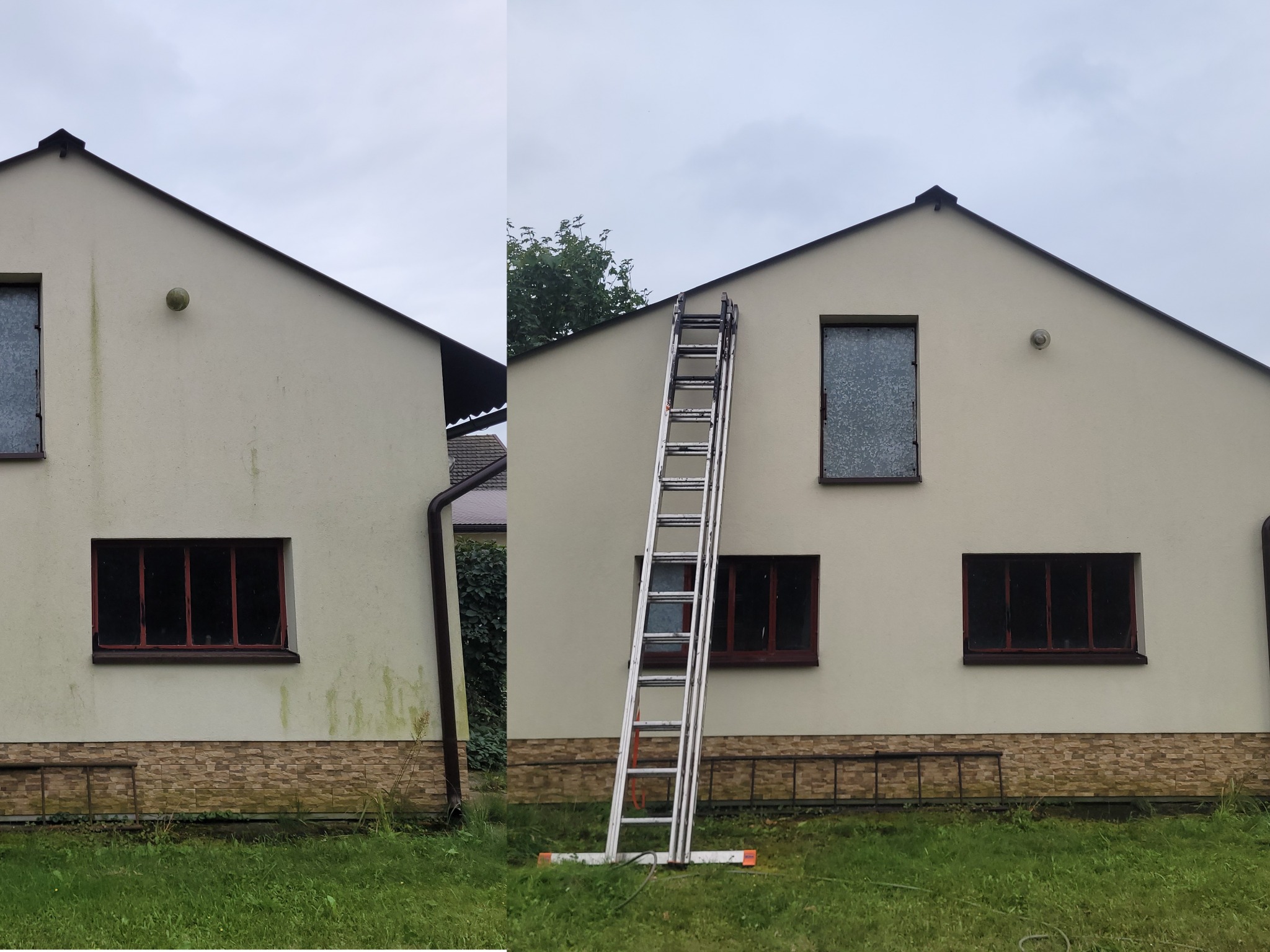 Dom przed i po czyszczeniu elewacji. Po prawej stronie domu stoi drabina. Widoczne różnice w czystości ściany.