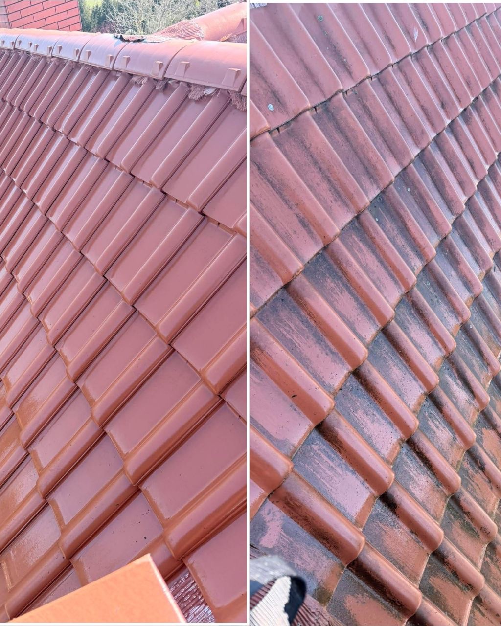 Dachówka ceramiczna: po lewej świeżo pomalowana na połyskliwy brąz, po prawej stara, zabrudzona. Widok z góry, kontrastujące stany dachu.