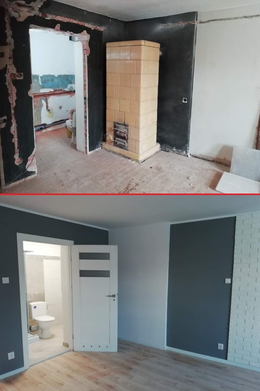 Porównanie stanu pokoju przed i po remoncie: widoczny piec kaflowy w surowym stanie oraz nowa łazienka z białą armaturą i panelami podłogowymi.