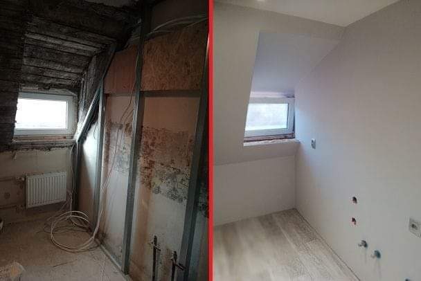 Porównanie stanu pomieszczenia przed i po remoncie: surowe drewno i odsłonięte instalacje elektryczne kontra gładkie, pomalowane ściany i nowe okno na poddaszu.