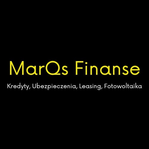 Żółte logo firmy MarQs Finanse na czarnym tle, oferującej kredyty, ubezpieczenia, leasing i fotowoltaikę.