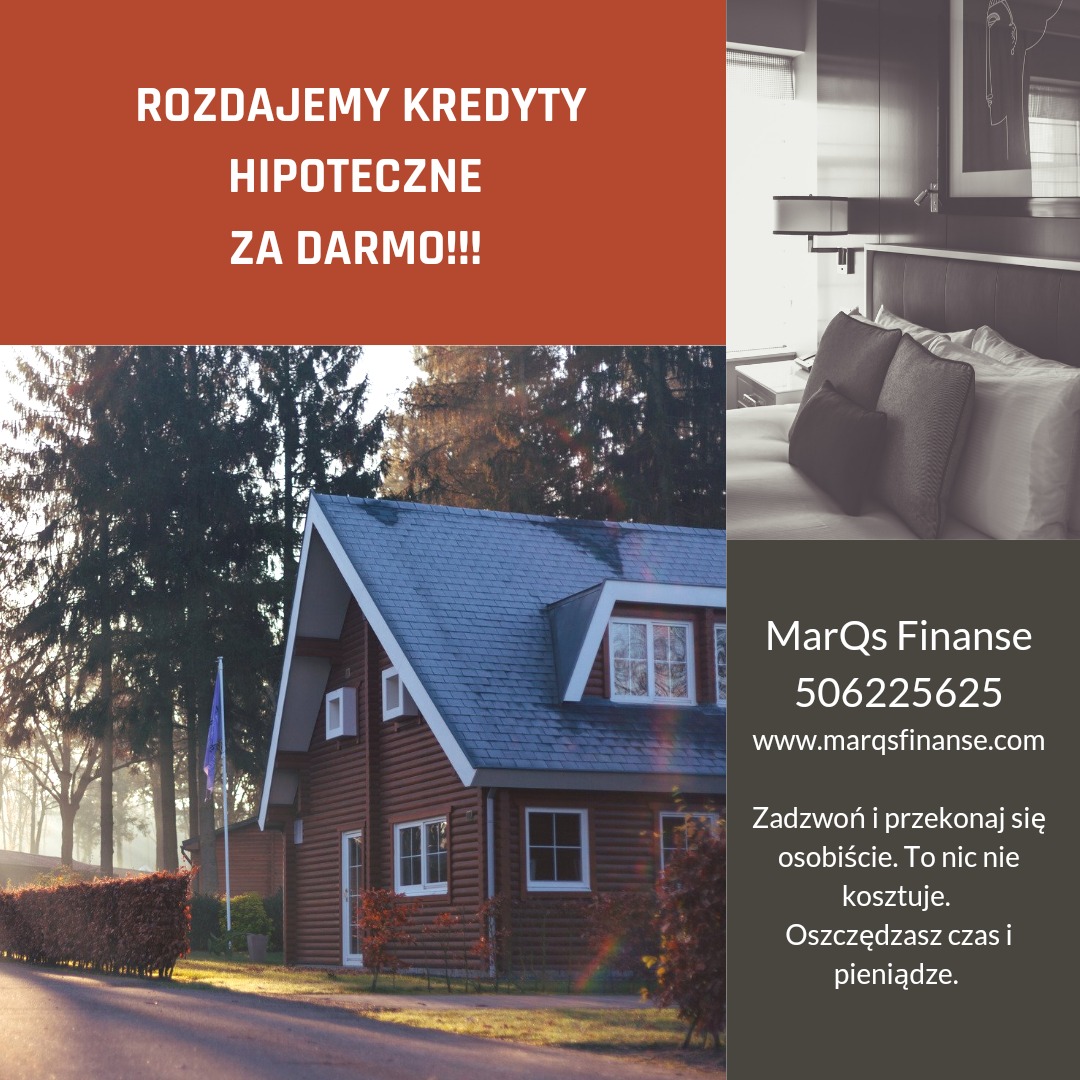 Kompozycja z brązowym domem z ciemnym dachem, łóżkiem hotelowym w tle i tekstem reklamowym oferty finansowej.