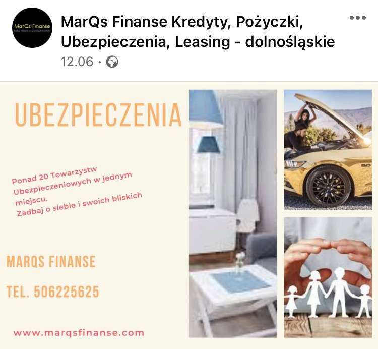 Kompozycja z tekstem 'Ubezpieczenia', aranżacją wnętrza, złotym samochodem z podniesioną maską i sylwetkami rodziny chronionej dłońmi.