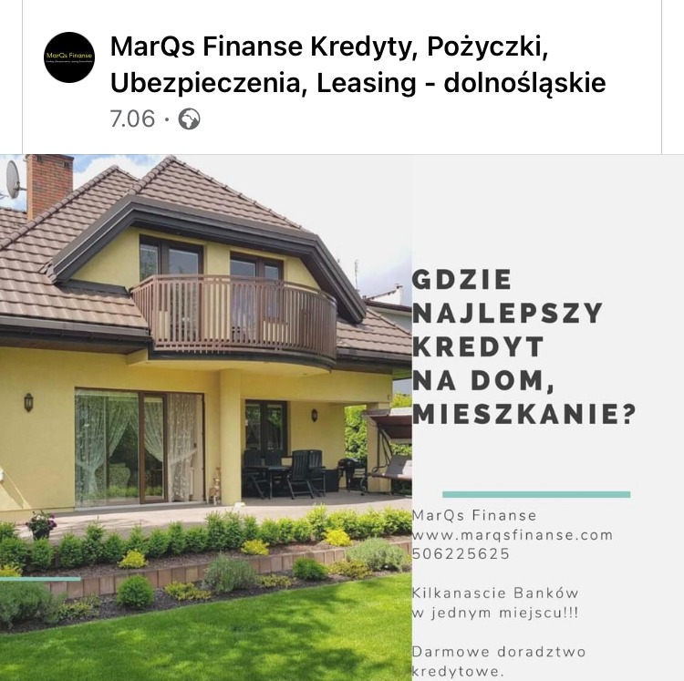 Zdjęcie domu z balkonem i tekstem reklamowym o najlepszym finansowaniu na dom i mieszkanie, z danymi kontaktowymi firmy.