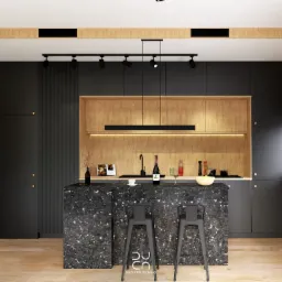 Nowoczesna kuchnia z czarnymi szafkami, drewnianymi akcentami i wyspą z blatem z ciemnego granitu, oświetlona reflektorami i wiszącą lampą, z dodatkiem roślin doniczkowych.