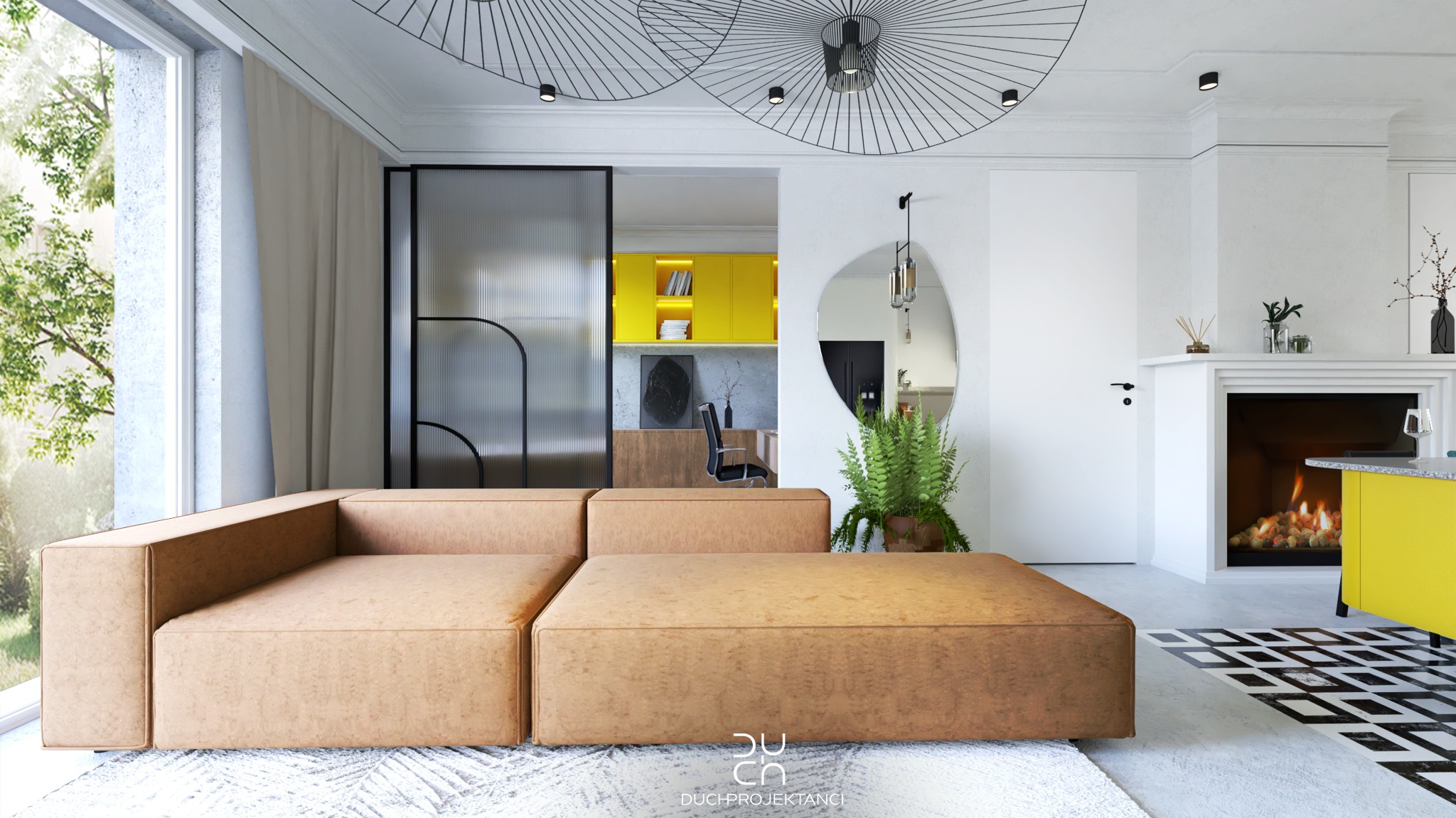 Nowoczesny salon z beżową sofą modułową, widokiem na biuro z żółtymi szafkami, kominkiem i designerskimi lampami sufitowymi.