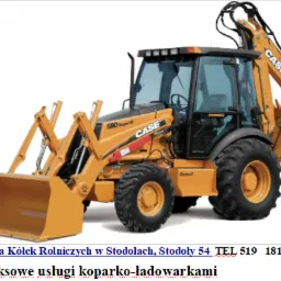 Żółta koparko-ładowarka CASE 580 Super M, widok z przodu i boku, na białym tle. Na dole widoczny tekst z nazwą firmy i numerem telefonu.