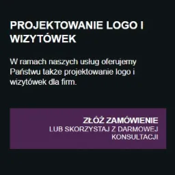 Grafika reklamowa z tekstem 'Projektowanie logo i wizytówek' oraz wezwaniem do działania 'Złóż zamówienie lub skorzystaj z darmowej konsultacji' na ciemnym tle.