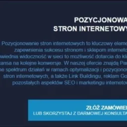 Grafika informacyjna z tekstem o optymalizacji widoczności stron internetowych, link buildingu, reklamie Google i marketingu internetowym, z wezwaniem do działania: 'Złóż zamówienie lub skorzystaj...