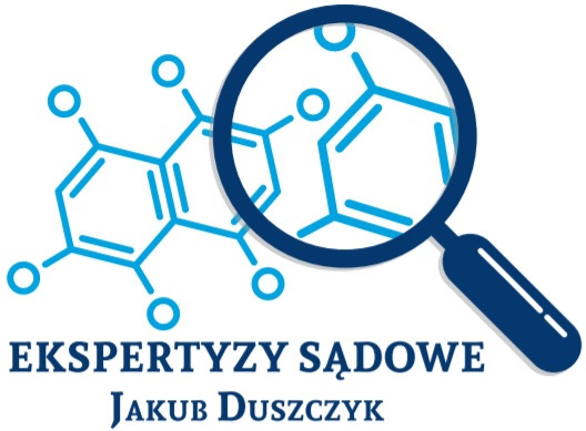 Logo firmy 'Ekspertyzy Sądowe Jakub Duszczyk' przedstawiające niebieski wzór chemiczny oglądany przez lupę.