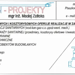 Skan wizytówki firmy UnisAN-Projekty mgr inż. Macieja Zatłoki, oferującej projekty instalacji sanitarnych, kosztorysy, operaty wodnoprawne, specyfikacje techniczne i inwentaryzacje obiektów...