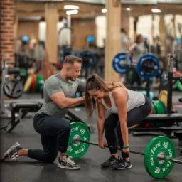Kobieta z uśmiechem podnosi sztangę pod okiem trenera we wrocławskiej siłowni, zielone obciążenia Just7Gym, ceglana ściana w tle.