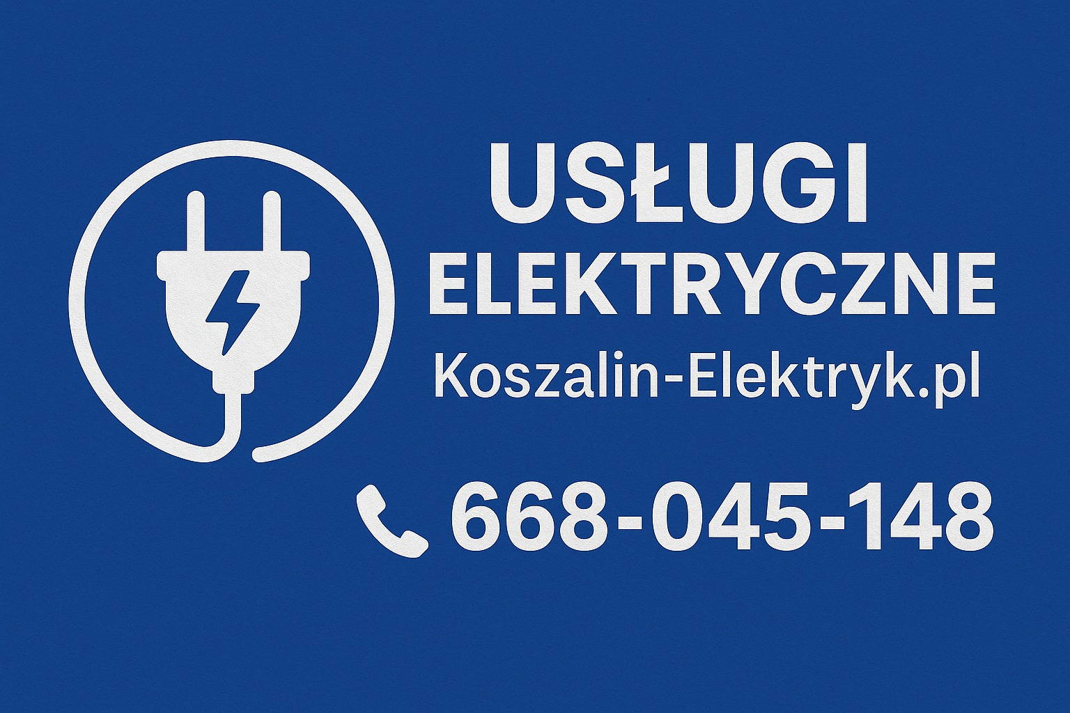 Grafika z wtyczką w okręgu, napisem 'Usługi Elektryczne', adresem strony i numerem telefonu na niebieskim tle, promująca usługi elektryczne.