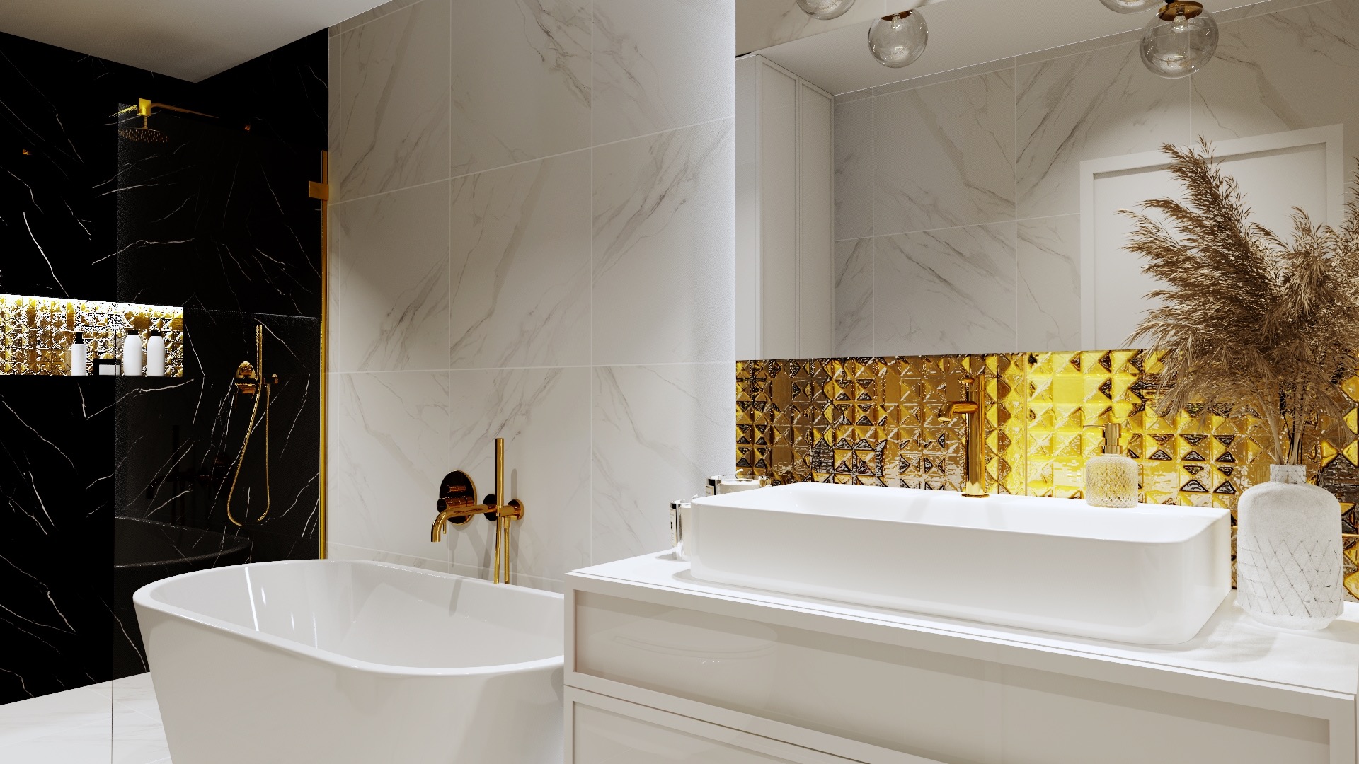 Elegancka łazienka z wanną wolnostojącą, umywalką nablatową i złotymi akcentami, w tym armaturą i dekoracyjną ścianą z mozaiki.