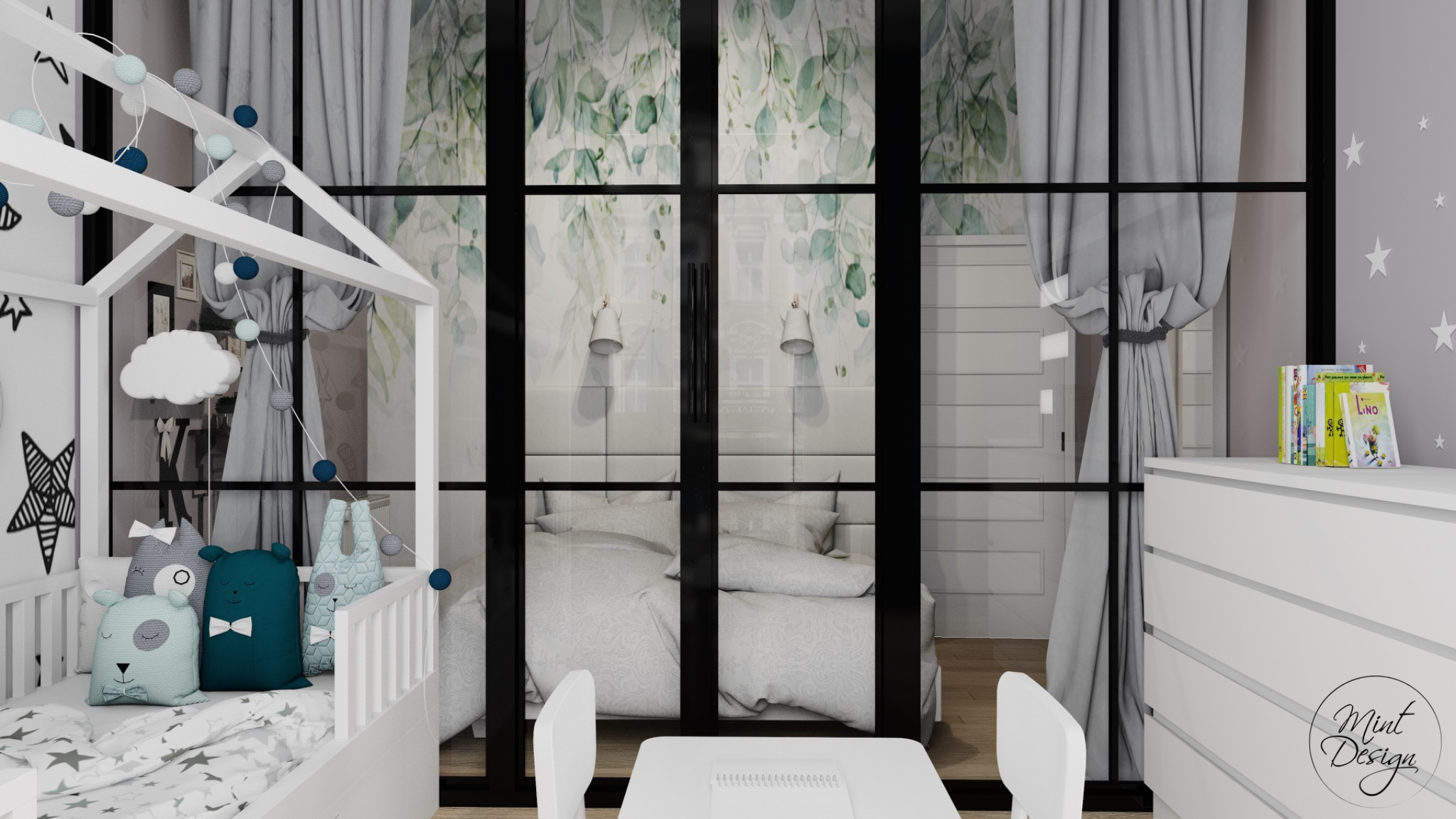 Pokój dziecięcy z łóżkiem w kształcie domku, pluszowymi zabawkami, białą komodą i stolikiem z krzesłami, oddzielony od sypialni rodziców przeszkloną ścianą z czarnymi szprosami i zasłonami.