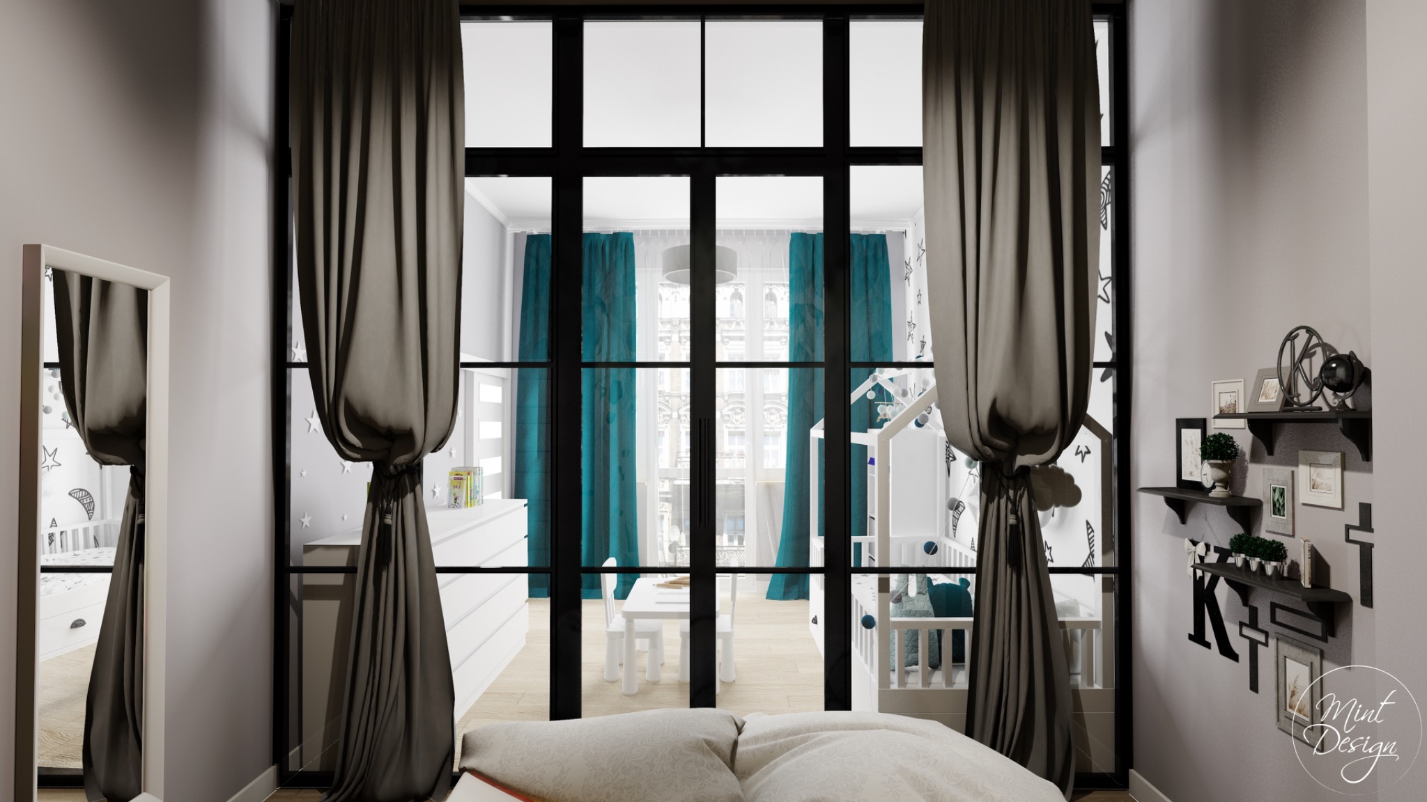 Pokój dziecięcy z czarną, przeszkloną ścianą działową, szarymi zasłonami, białymi meblami i dekoracjami w gwiazdki, widziany z perspektywy łóżka z pościelą w kolorze ecru.