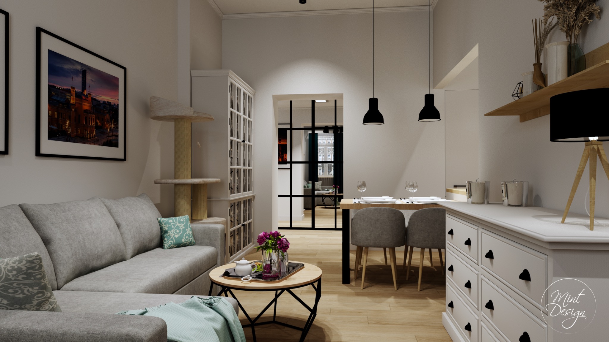 Wizualizacja salonu z szarą sofą, stolikiem kawowym z kwiatami, drapakiem dla kota, białą komodą i jadalnią z czarnymi lampami wiszącymi.