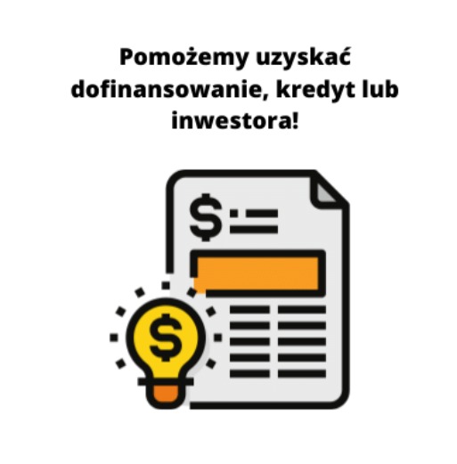 Grafika wektorowa: Dokument z symbolem dolara i tabelą, obok żarówka z symbolem dolara, hasło: Pomożemy uzyskać dofinansowanie, kredyt lub inwestora!