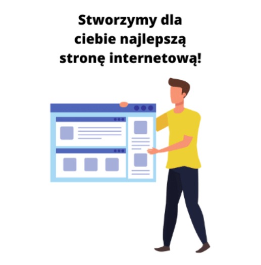 Mężczyzna w żółtej koszulce prezentuje projekt strony internetowej z niebieskimi elementami graficznymi.