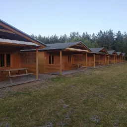 Szereg identycznych, drewnianych domków letniskowych z zadaszonymi tarasami i drewnianymi stolikami piknikowymi, ustawionych w rzędzie na trawiastym terenie w otoczeniu lasu iglastego.