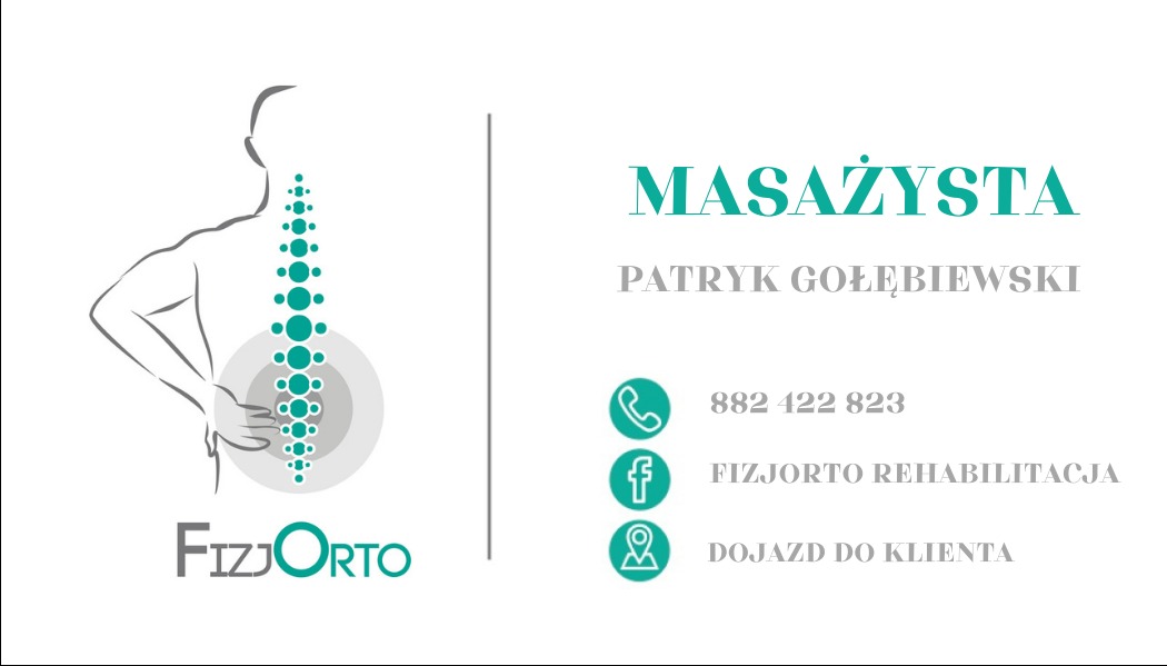 Wizytówka z grafiką sylwetki osoby z zaznaczonym kręgosłupem, nazwiskiem i numerem telefonu masażysty, informacją o dojeździe do klienta oraz logo firmy.