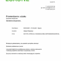 Skan dokumentu 'Potwierdzenie udziału' w szkoleniu eksperckim Loxone, z datami 06.09.2021 - 07.09.2021 w Bytomiu, dla uczestnika Oleksii Polianskyi z firmy SAV-POL SPÓŁKA Z OGRANICZONĄ...