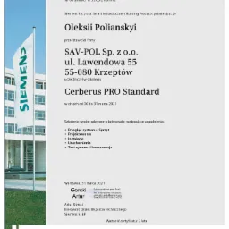 Skan certyfikatu Siemens dla Oleksii Polianskyi z SAV-POL Sp. z o.o. za udział w szkoleniu Cerberus PRO Standard, obejmującym przegląd, projektowanie, instalację, uruchomienie i test systemów.
