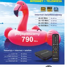 Reklama operatora telekomunikacyjnego Adnex z różowym dmuchanym flamingiem w tle, oferującego szybki internet światłowodowy i telewizję w pakietach, z dekoderem KORBOX i pilotem na pierwszym planie.