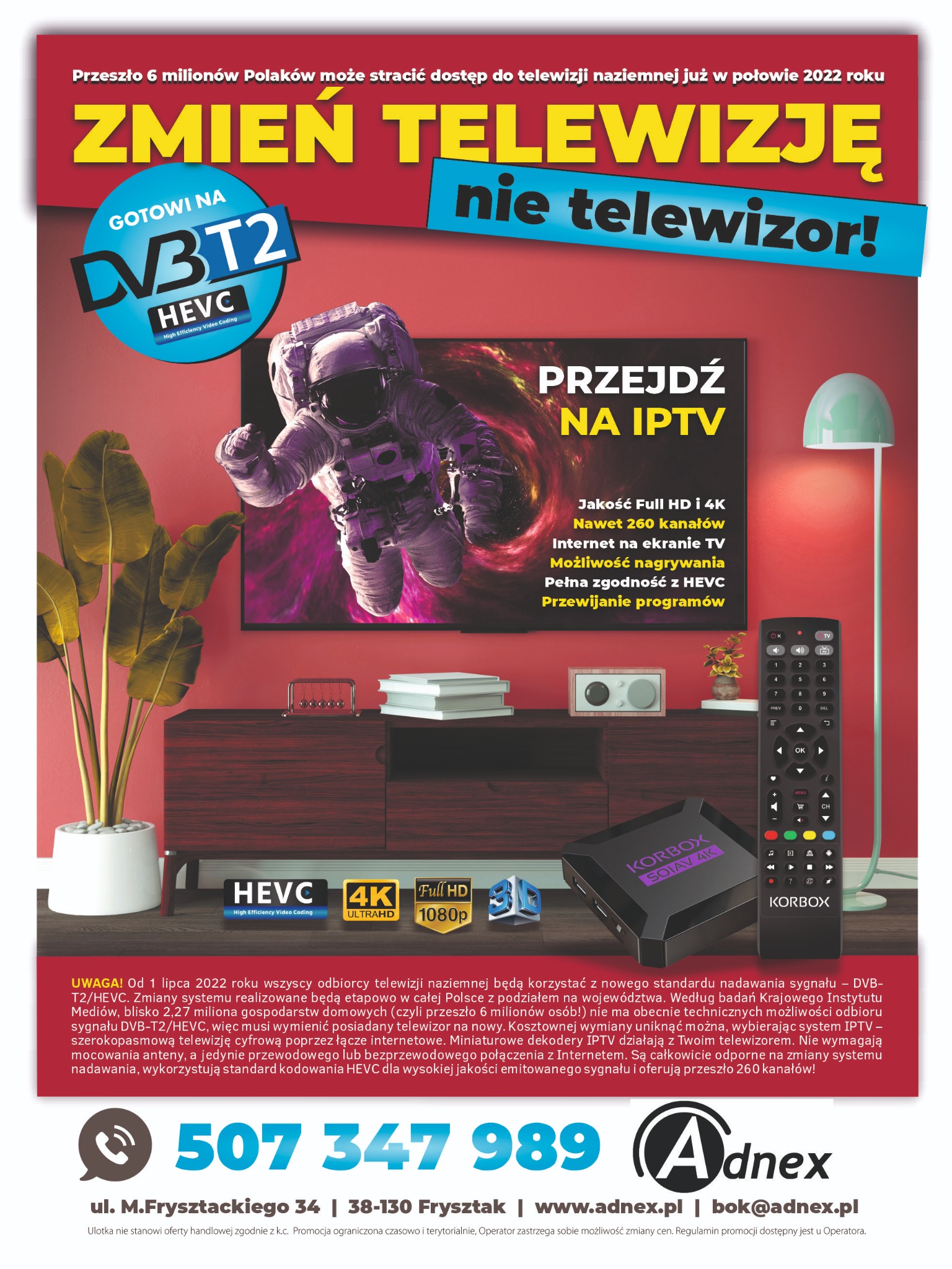 Ulotka reklamowa z hasłem 'Zmień telewizję, nie telewizor!' promująca przejście na IPTV i dekodery Korbox SOIAV 4K z obsługą DVB-T2/HEVC, Full HD i 4K, z astronautą na ekranie telewizora.