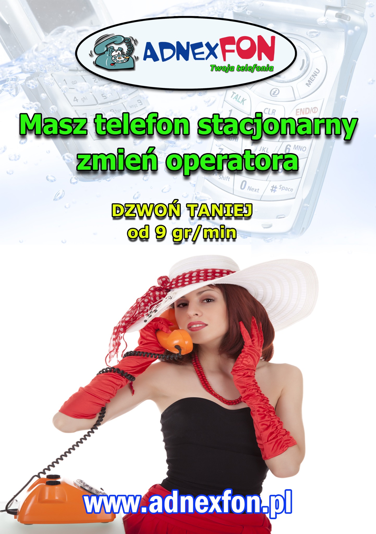 Kobieta w kapeluszu i czerwonych rękawiczkach rozmawia przez pomarańczowy telefon stacjonarny, na górze grafika z telefonem komórkowym i hasłem 'Masz telefon stacjonarny? Zmień operatora! Dzwoń...