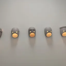 Rząd pięciu identycznych, szarych, ściennych lamp w kształcie stylizowanych twarzy robotów, z ciepłym światłem wydobywającym się z ich 'oczu', zamontowanych na gładkiej, jasnoszarej ścianie.