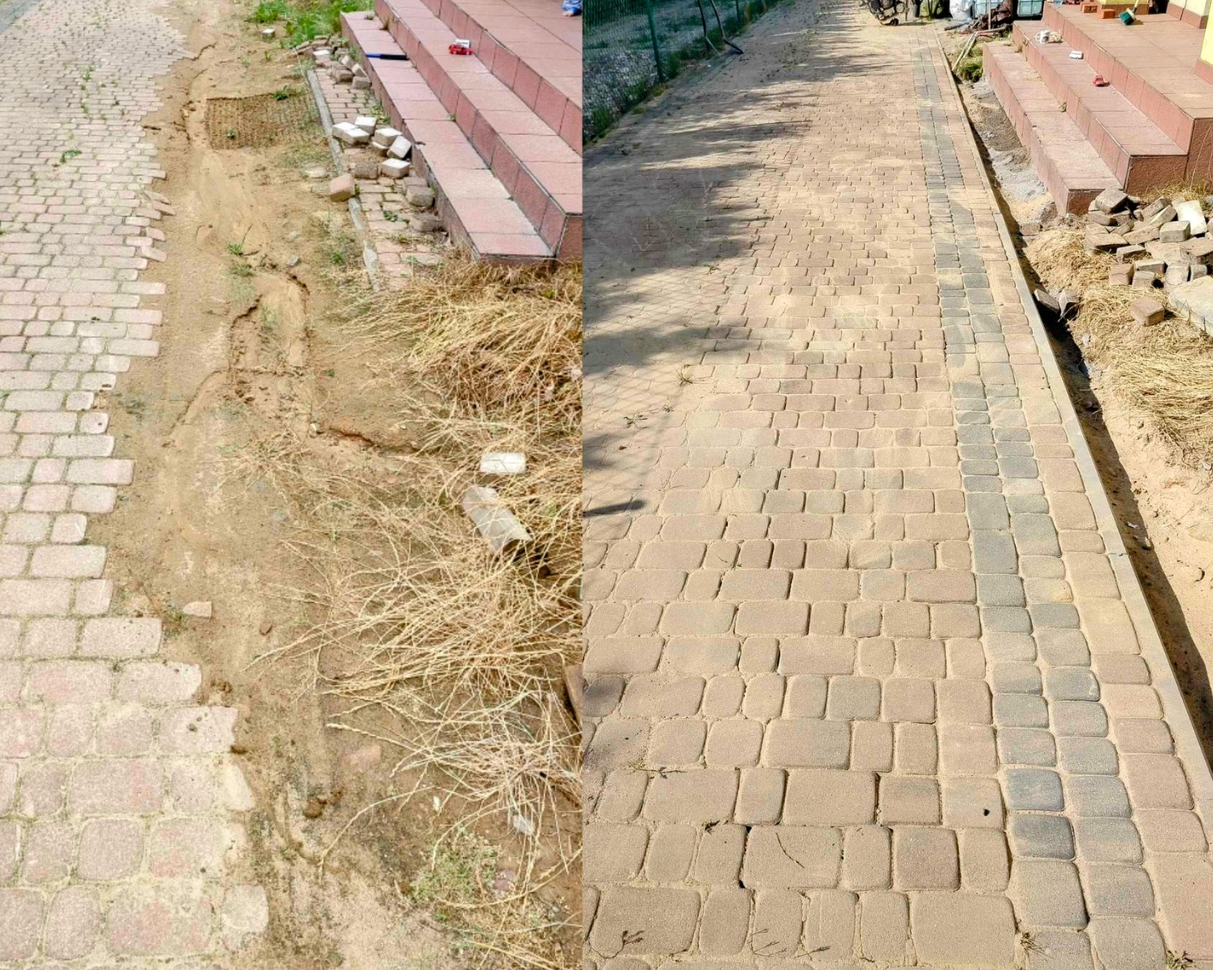 Porównanie stanu nawierzchni przed i po ułożeniu kostki brukowej przy schodach wejściowych do budynku. Po lewej stronie widoczny wykop, po prawej ułożona kostka z obrzeżem.