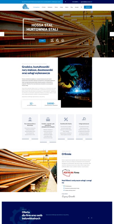 Fragment strony internetowej firmy Hossa Stal Hurtownia Stali, prezentujący ofertę kształtowników, rur stalowych, dwuteowników oraz usług wykonawczych, z widocznym elementem spawania i składowania...