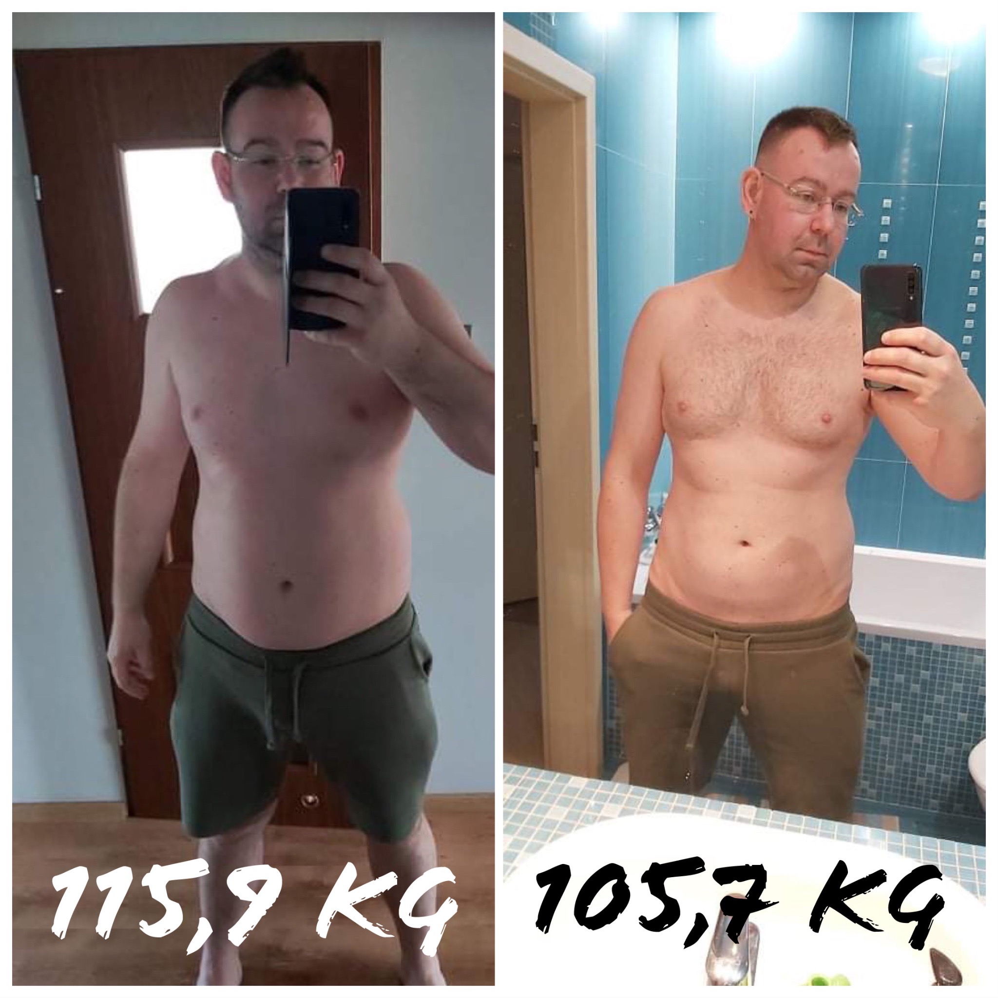 Porównanie sylwetki mężczyzny przed i po odchudzaniu: po lewej 115,9 kg, po prawej 105,7 kg, widoczne zmiany w budowie ciała.
