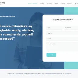 Strona internetowa psychologa Dagmary Galik z formularzem kontaktowym i cytatem z Przysłowia 20:5, utrzymana w tonacji błękitu i bieli.